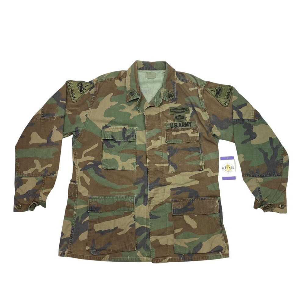 Vintage US ARMY Combat BDU Woodland Camo Field Jacket Shirt Ironside Patches